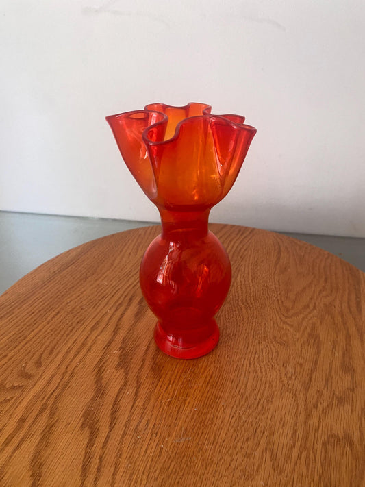 Short Vintage Bright Red Frilled Glass Vase