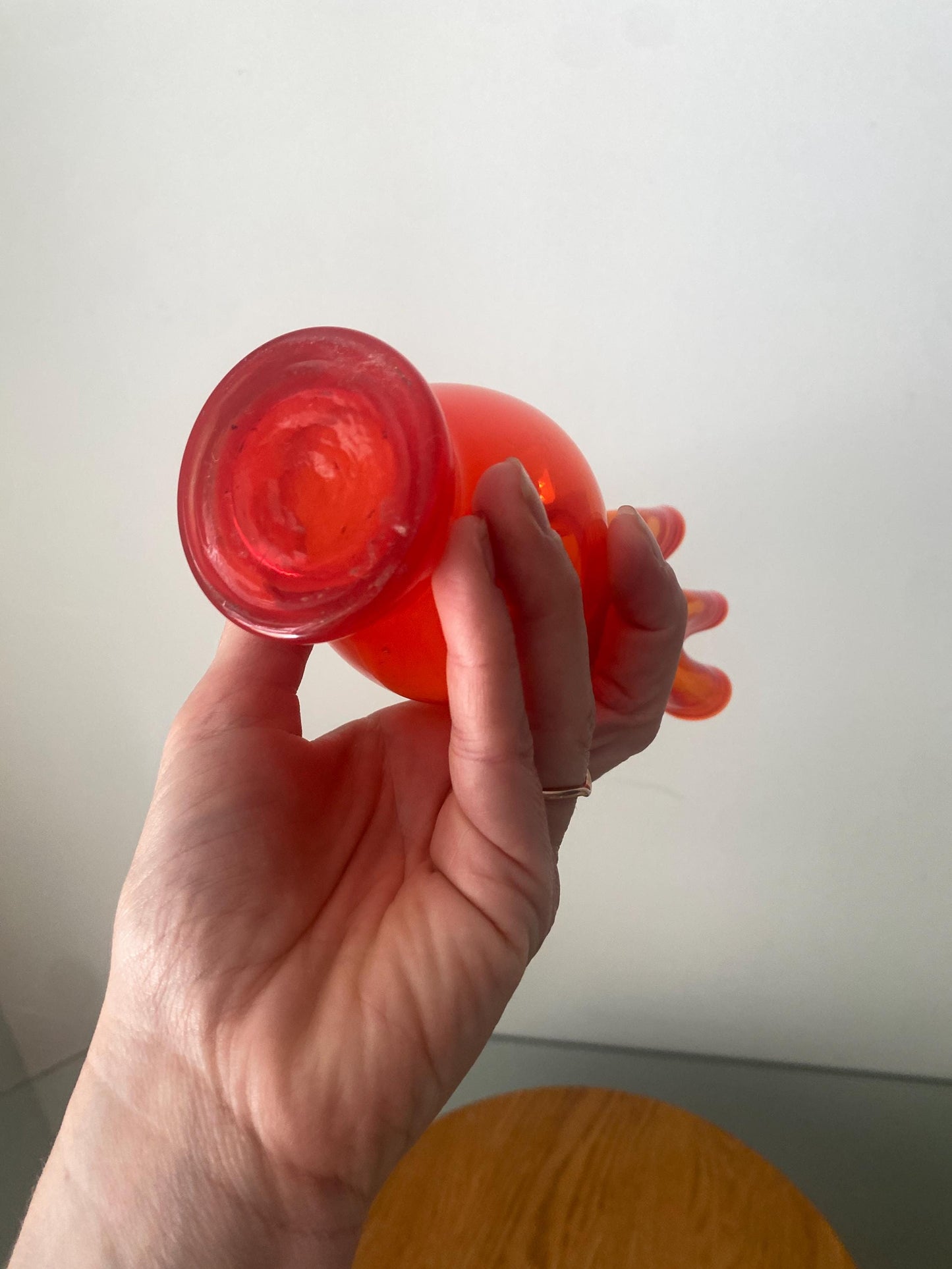 Short Vintage Bright Red Frilled Glass Vase