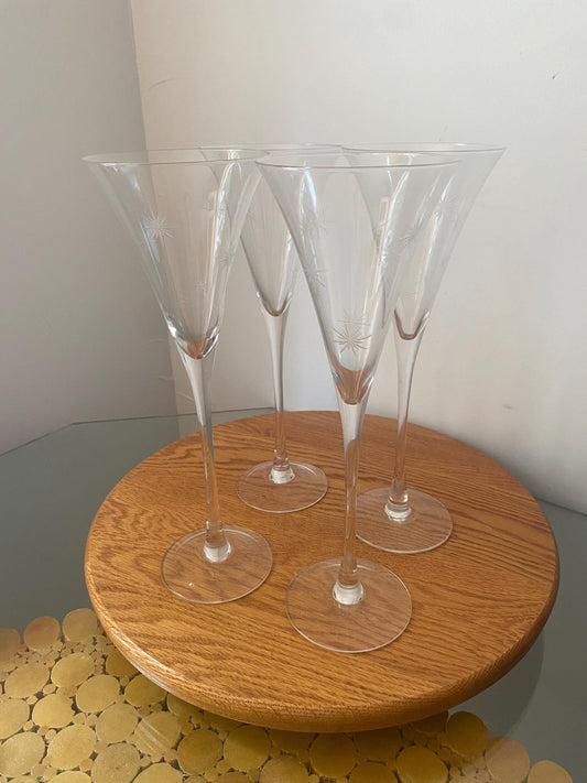Set of 4 Waterford By Marquis Crystal Champagne Flute Etched Starburst Pattern