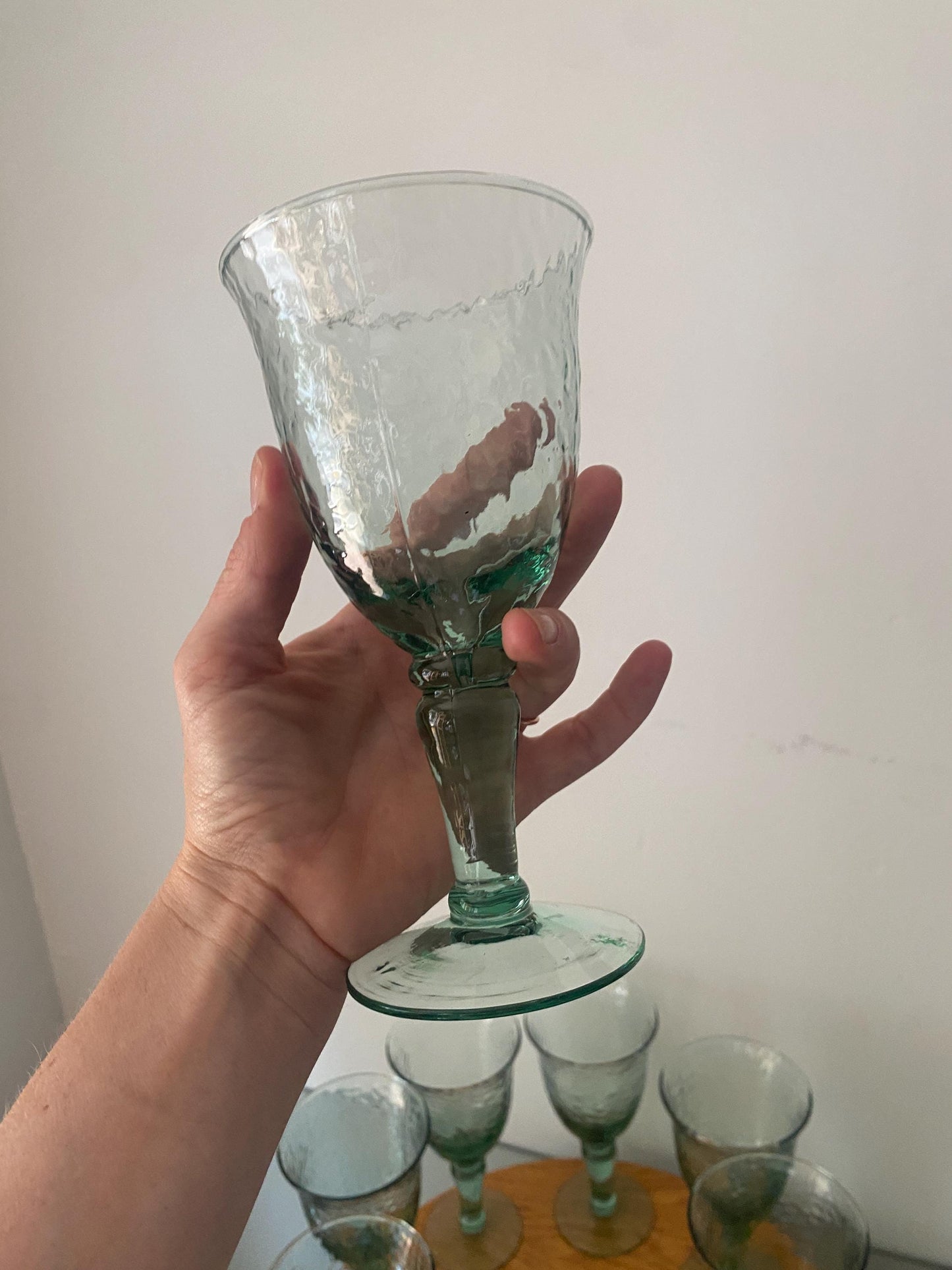 Set of 8 Retro Hammered Sea Glass Green Goblets