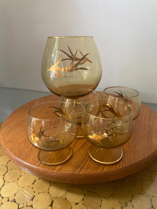 MCM Amber Footed Glass Decanter with Gold Detail and 4 Matching Glasses