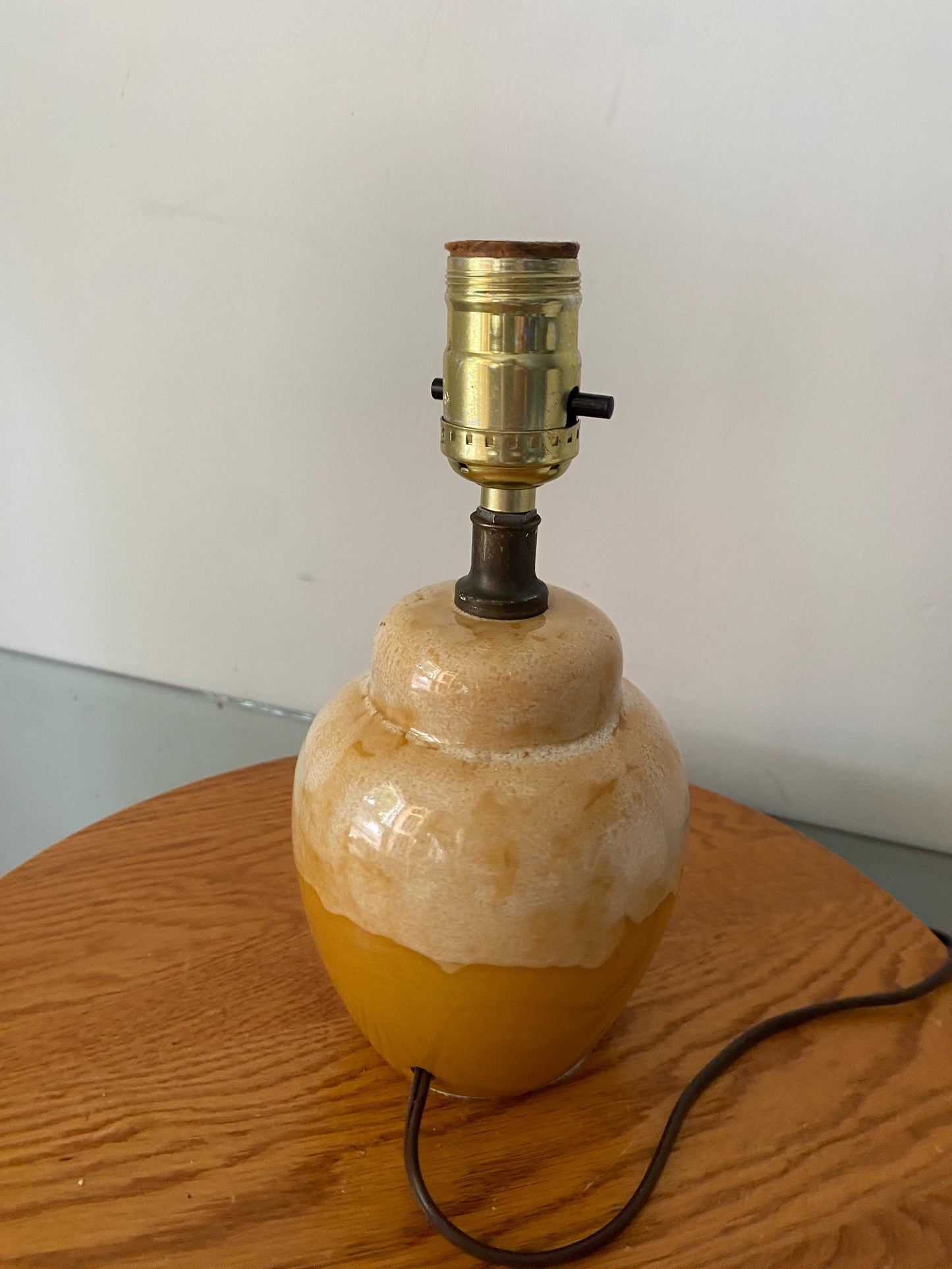 Small Vintage Yellow and Cream Pottery Lamp No Shade