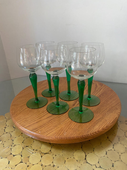 Set of 6 Vintage Green Stem Wine Glasses