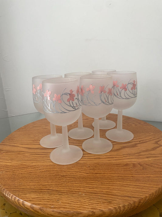 Set of 6 Retro Cerve Frosted Pink Iris Wine Glasses