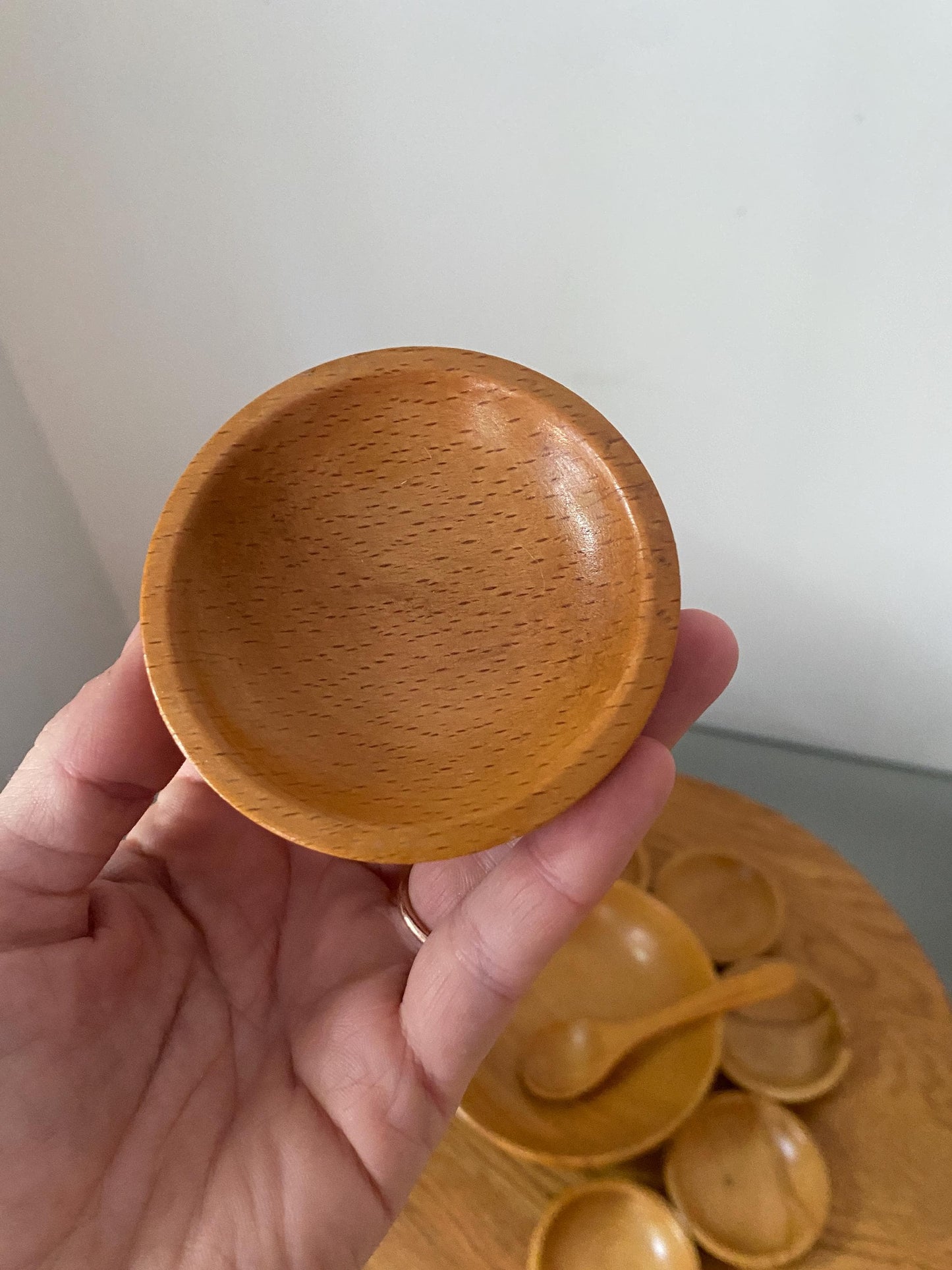 Vintage Maple Wood Condiment Bowl with 6 Mini Bowls and Spoon