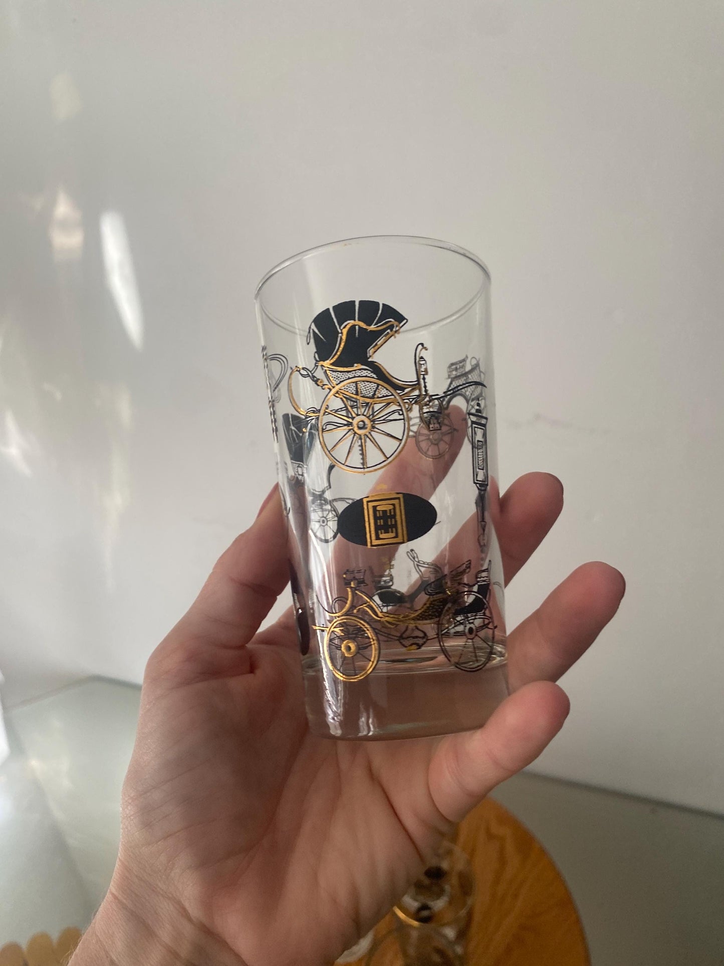MCM Set of 6 Black and Gold Dominion Company Carriage Glass Tumblers