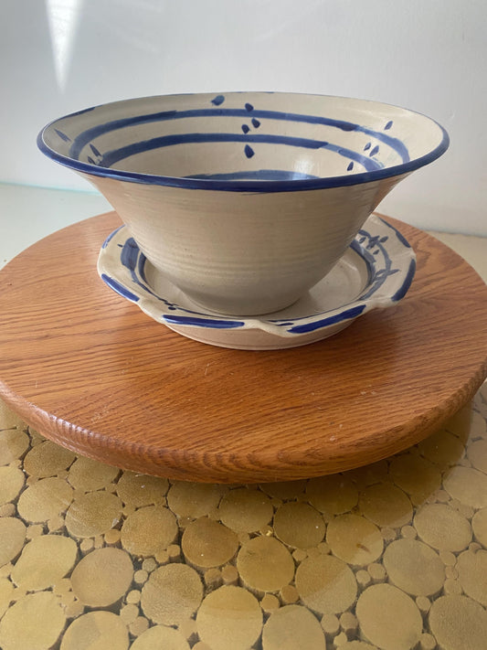 Pair of Studio Pottery Cobalt Blue Detail Bowl & Plate Set