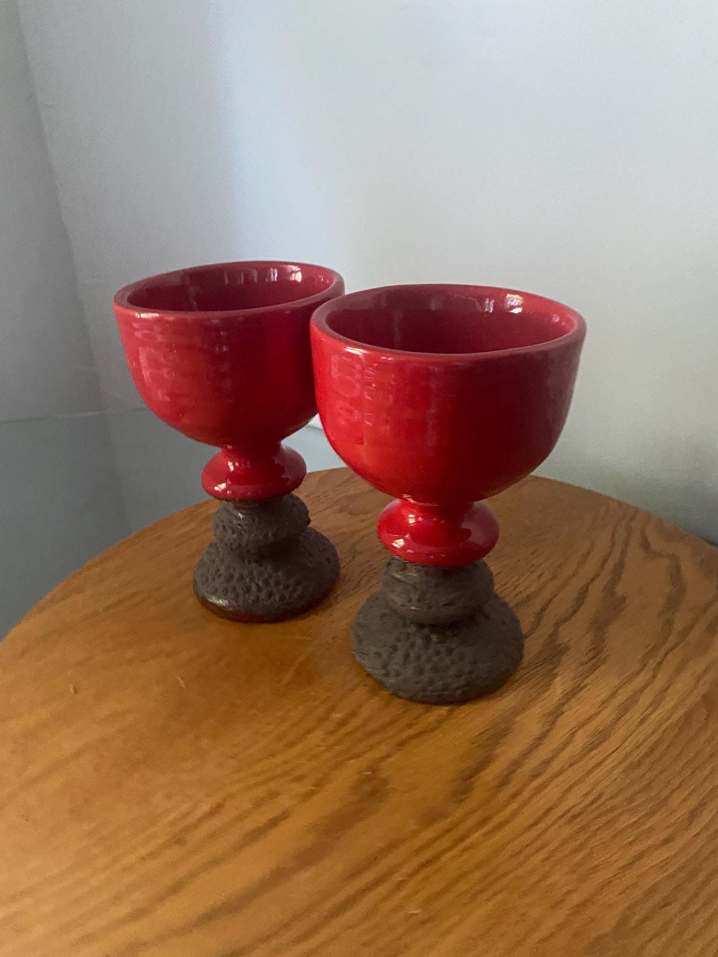 Set of 2 Handmade Vintage Bright Red Pottery Goblets Brown Lava Glaze Base