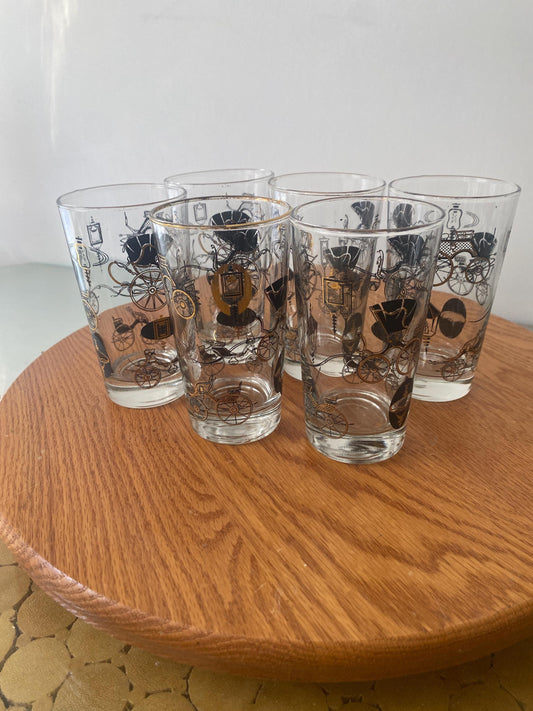 MCM Set of 6 Black and Gold Dominion Company Carriage Glass Tumblers