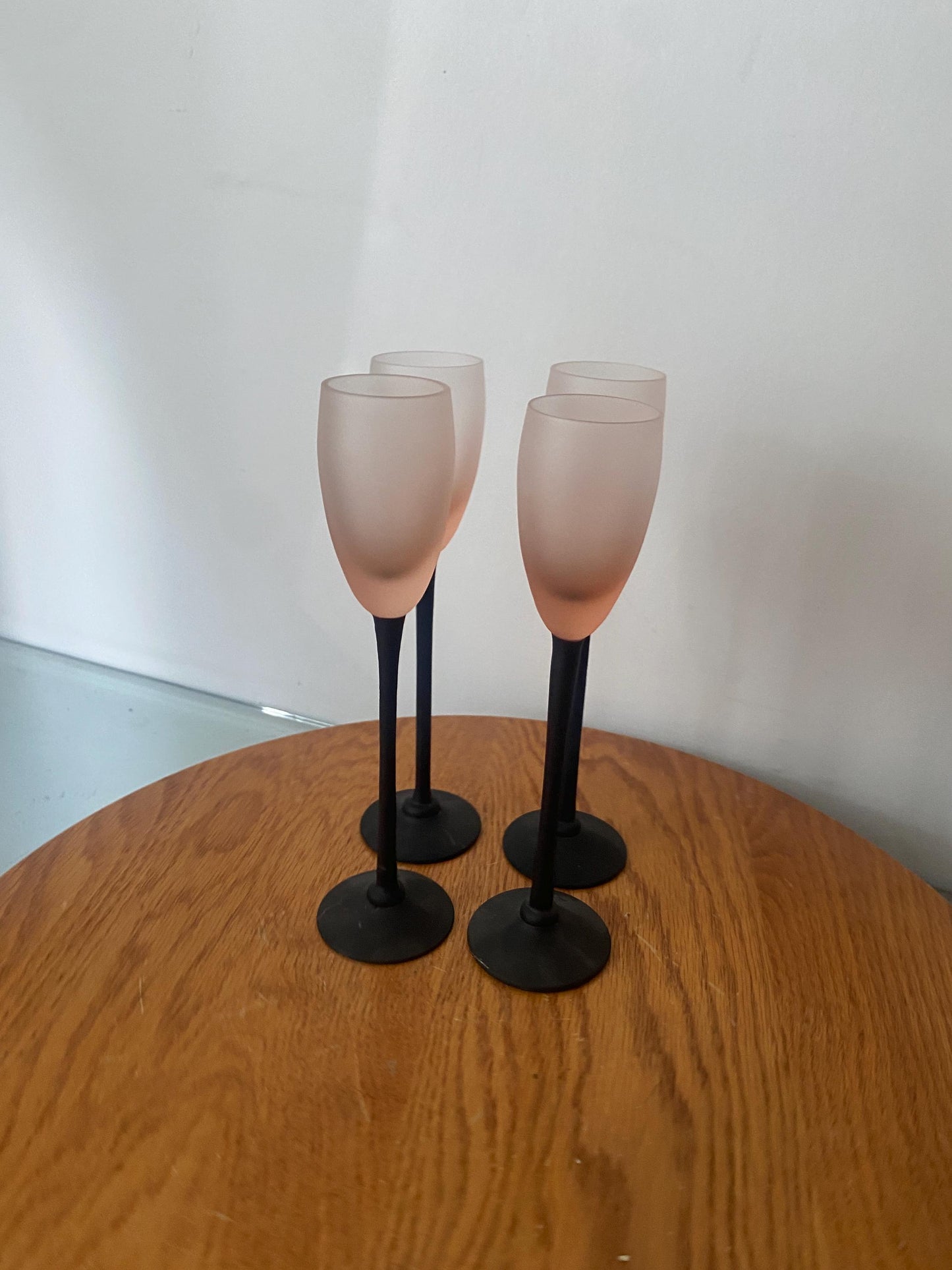 Vintage Set of 4 Gemin Trudeau Tall Frosted Black Stem Liqueur Glasses with Pink Bowl Made in Canada