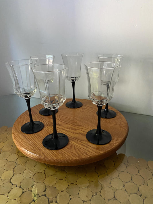 Vintage Set of 6 Black Stem Wine Glasses