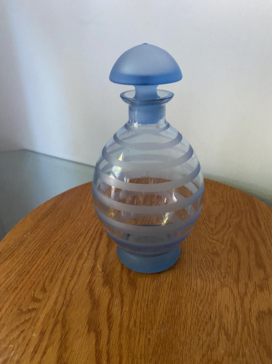Small Vintage Frosted Light Blue Glass Decanter with Stripes