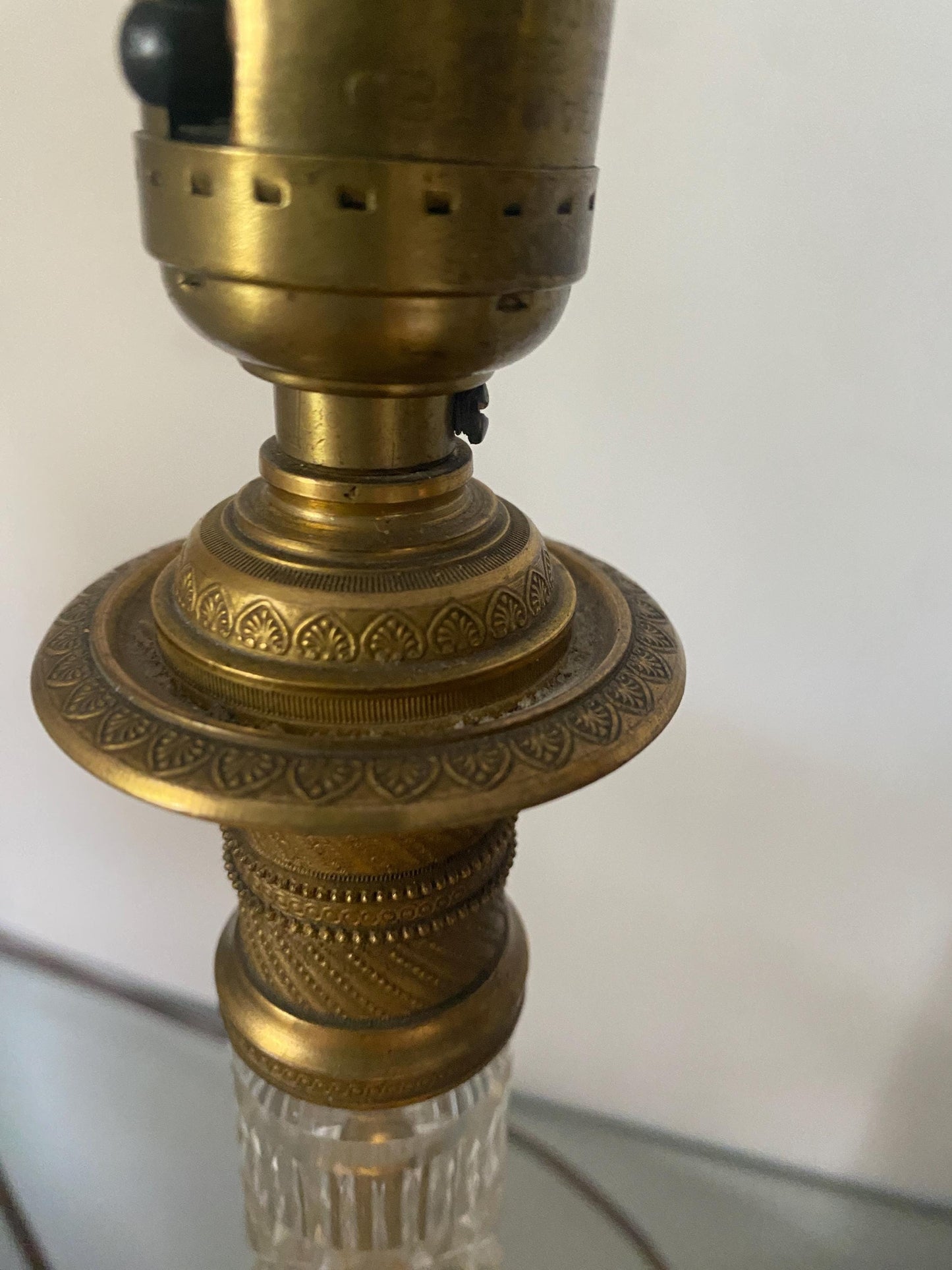 Pair of Antique Brass & Crystal Lamps with Footed Base Made in Austria No Shades