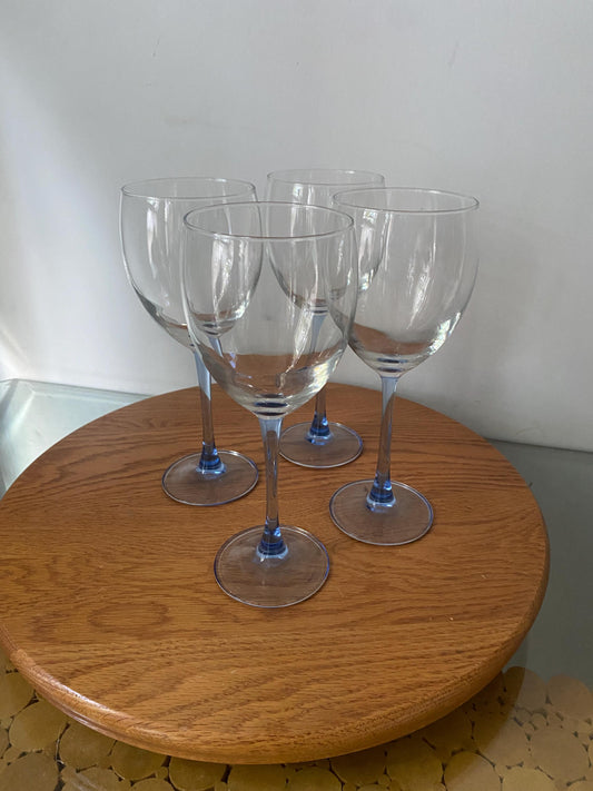 Set of 4 Retro Red Wine Light Blue Stem Luminarc Wine Glasses Made in France