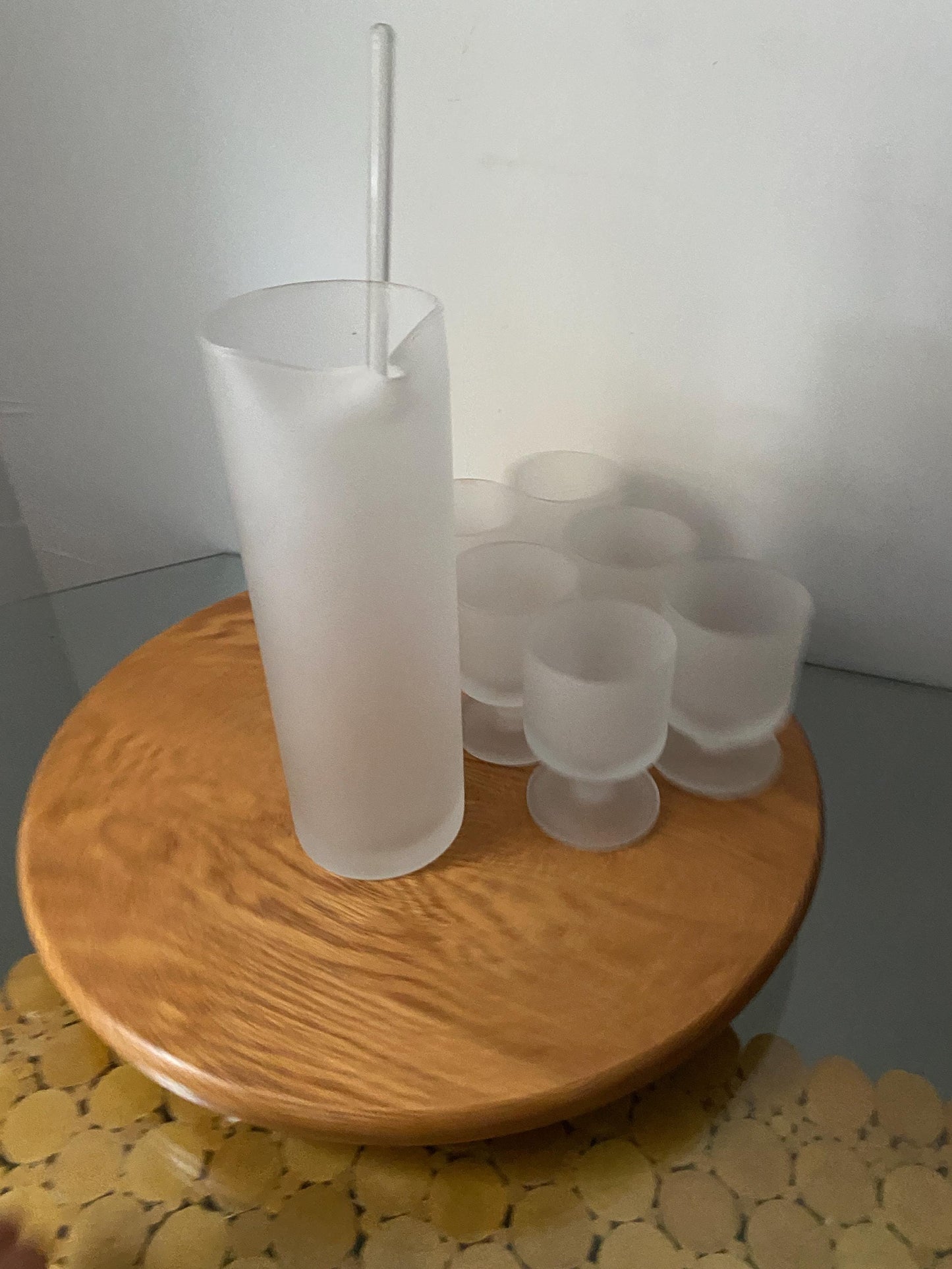 MCM Tall Frosted Glass Jug with 6 Matching Short Wine Glasses with Stir Stick