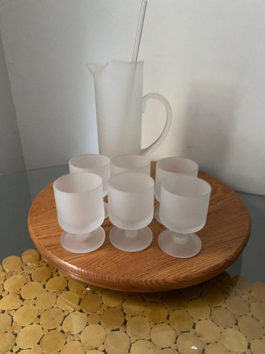 MCM Tall Frosted Glass Jug with 6 Matching Short Wine Glasses with Stir Stick