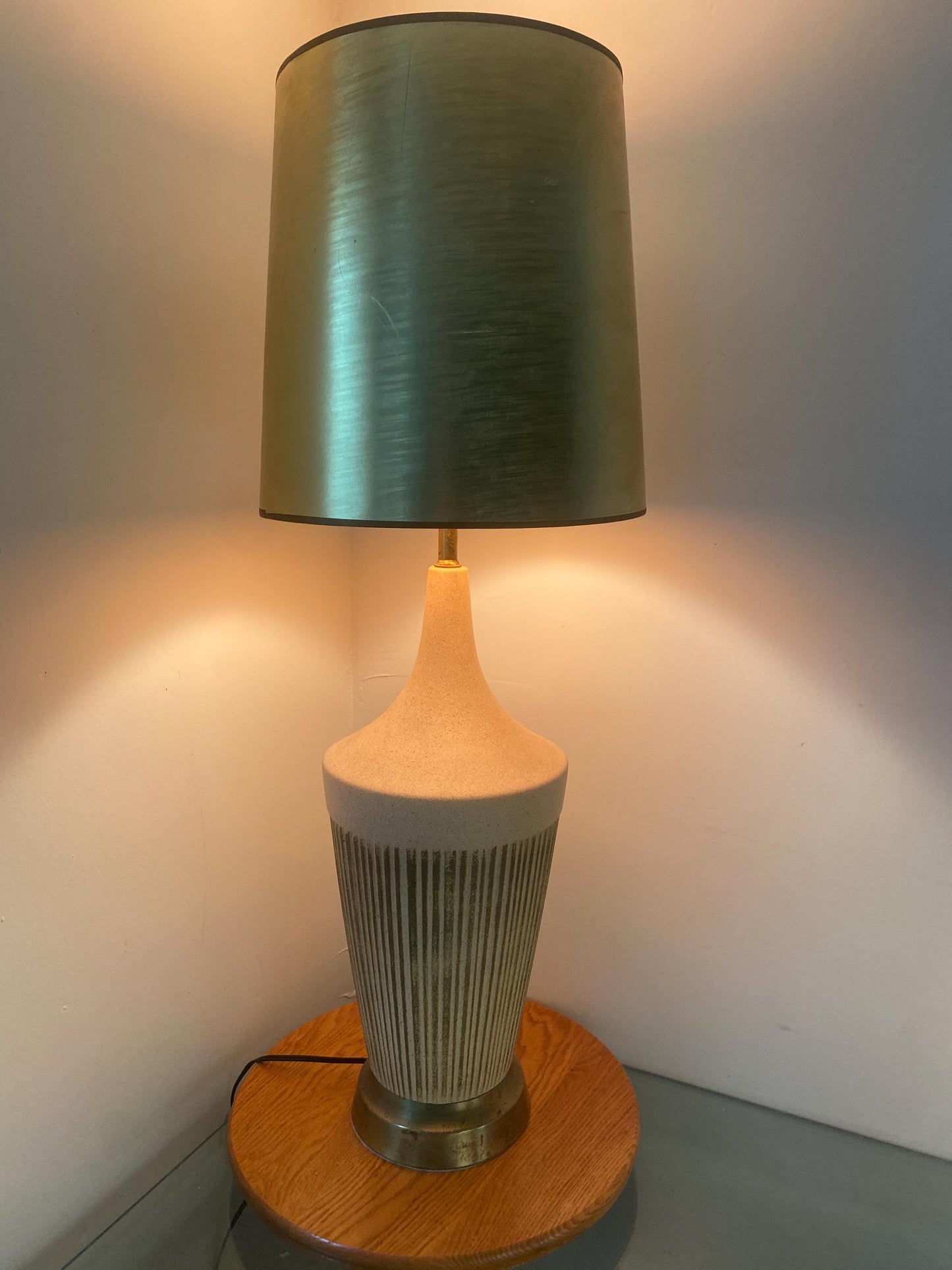 Tall MCM Cream and Gold Table Lamp No Shade
