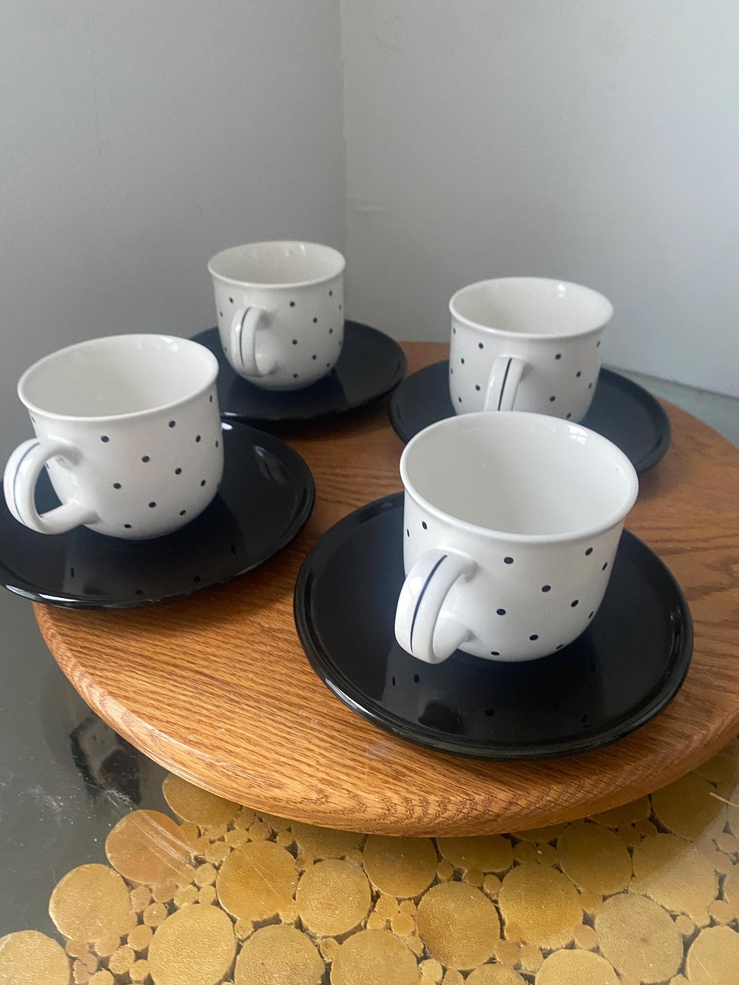 Set of 4 Retro Black and White Polka Dot Tea Cups and Saucers