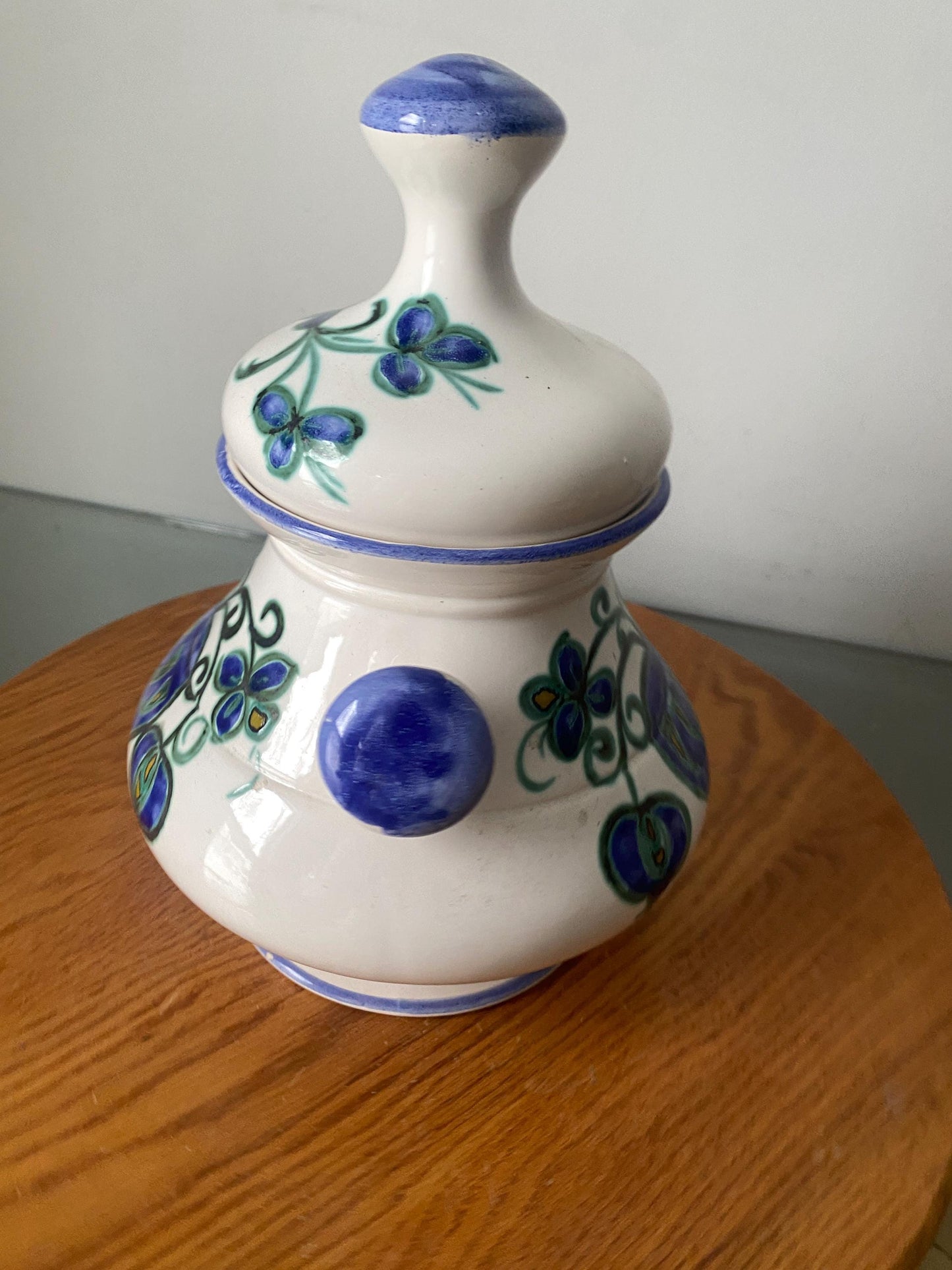 Vintage White Ceramic Dish with Lid and Blue Flowers
