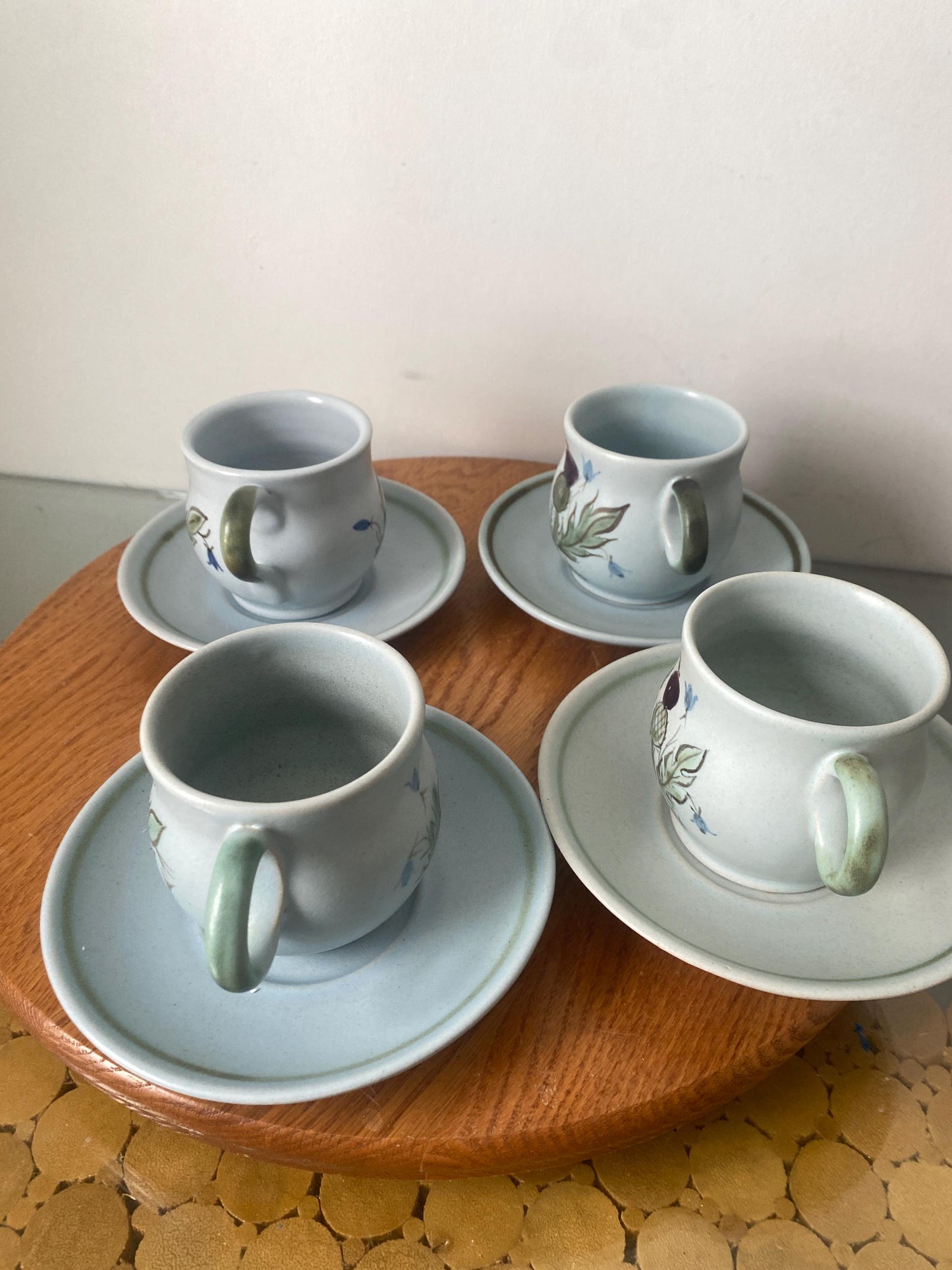 Vintage Set of 4 Hand Painted Buchan Stoneware Thistleware Portobello Cups and Saucers Made in Scotland