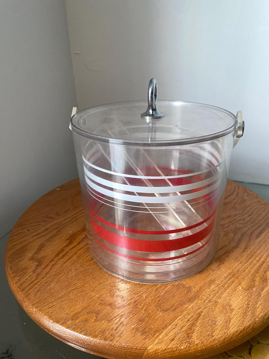 Retro Clear Acrylic Clear White & Red Striped Ice Bucket with Tongs