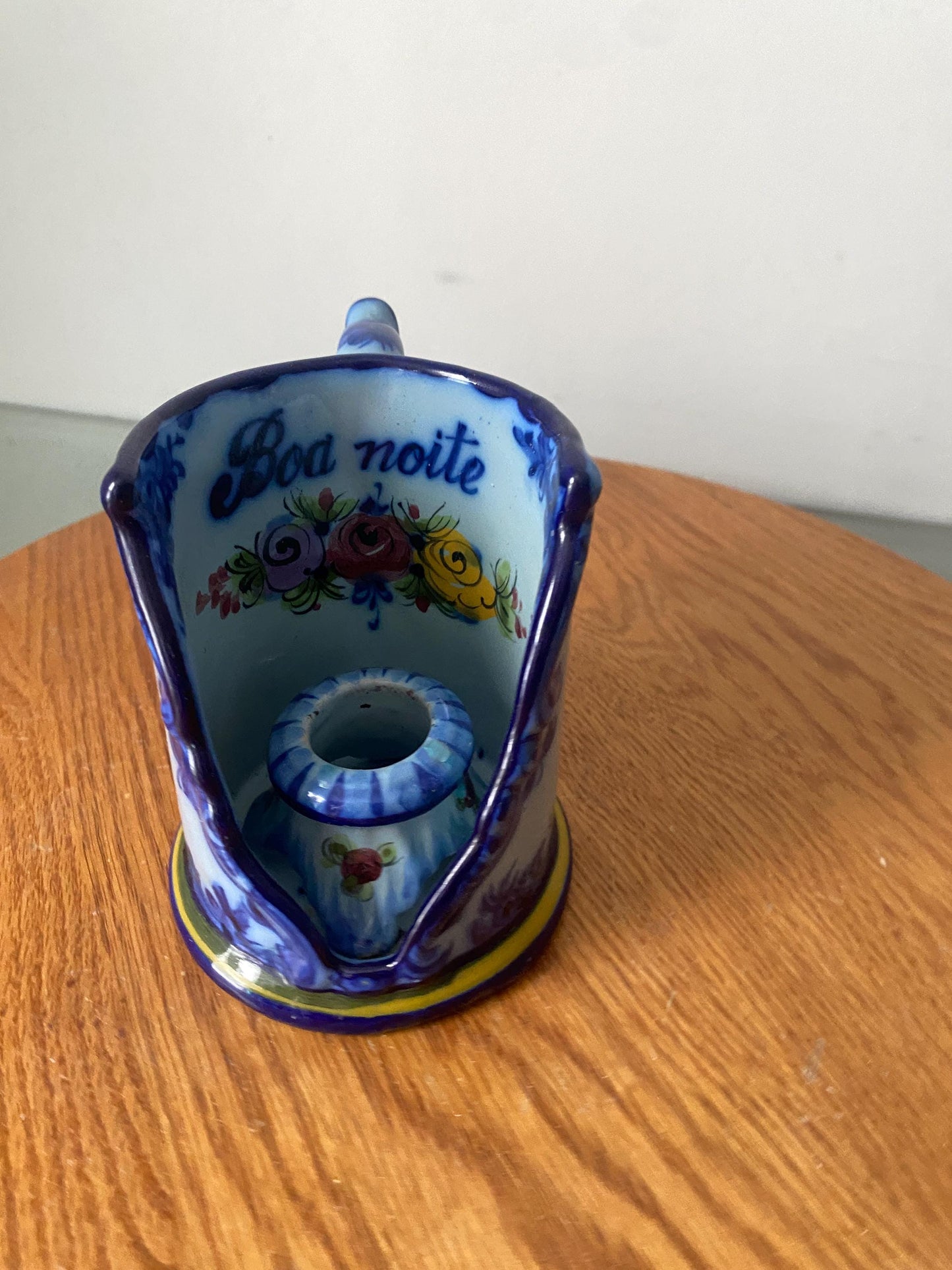 Vintage Handpainted Blue Ceramic Candle Holder with Handle Made in Portugal