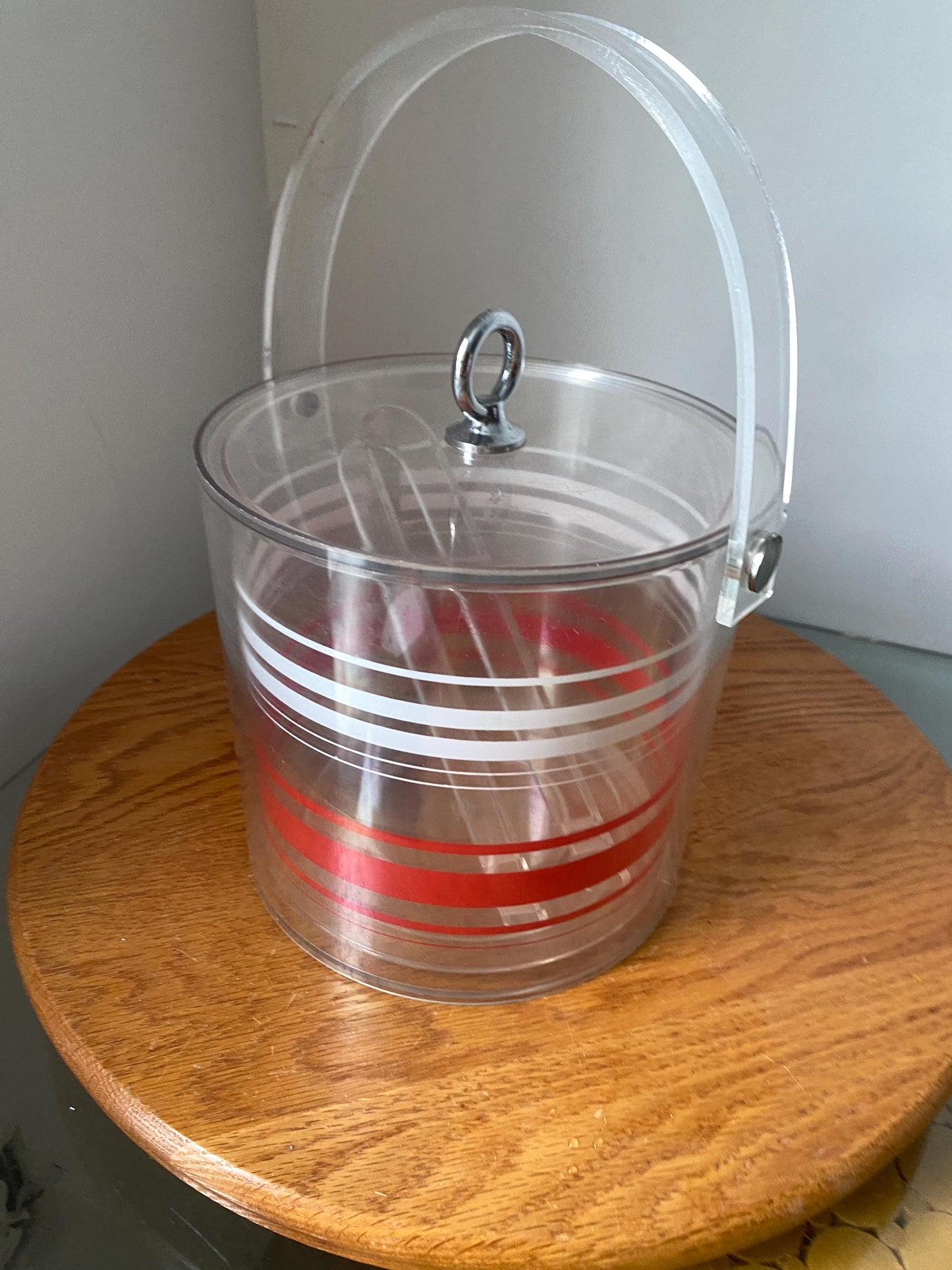 Retro Clear Acrylic Clear White & Red Striped Ice Bucket with Tongs