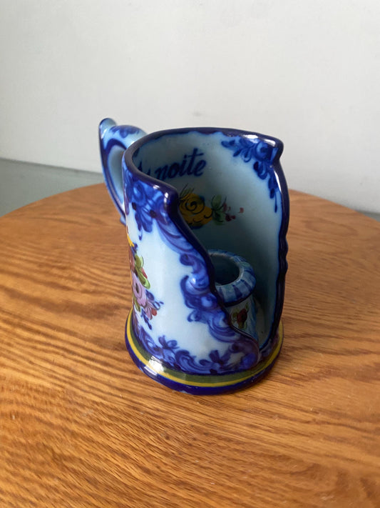 Vintage Handpainted Blue Ceramic Candle Holder with Handle Made in Portugal