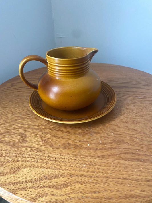 Vintage Myott MustardCeramic Coffee Creamer Pitcher England 522 Art Deco Stoneware with Plate