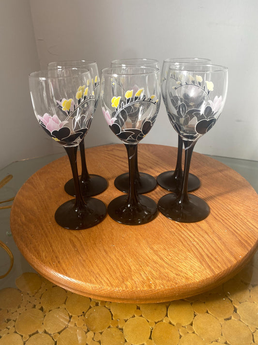 Set of 6 Retro 1980s Floral Luminarc Wine Glasses w/ Black Stems & Black, Yellow, Pink Flowers