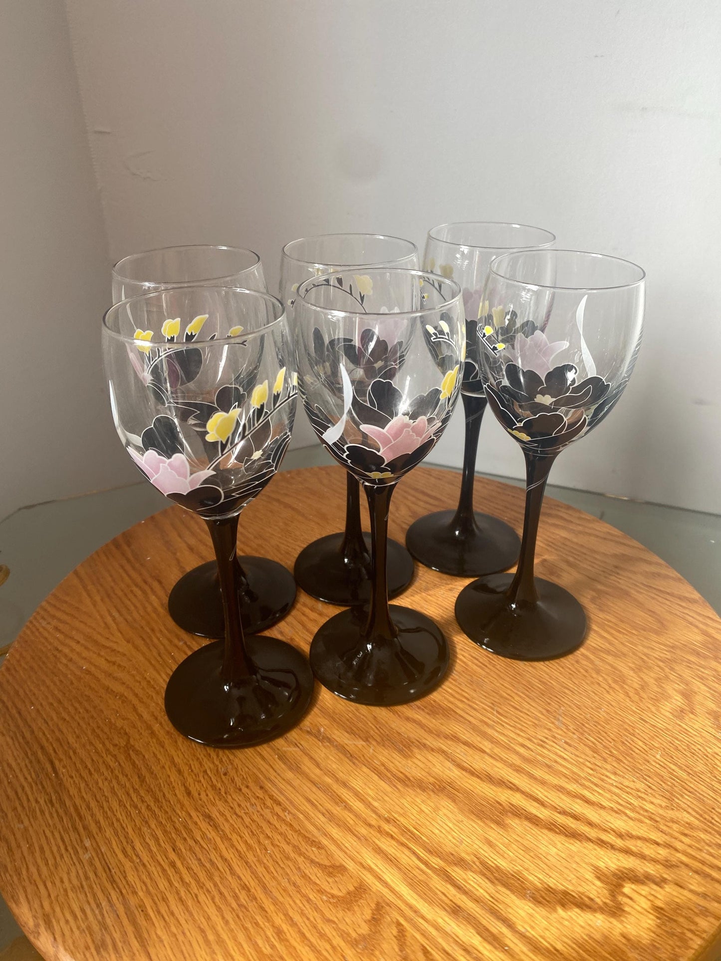 Set of 6 Retro 1980s Floral Luminarc Wine Glasses w/ Black Stems & Black, Yellow, Pink Flowers