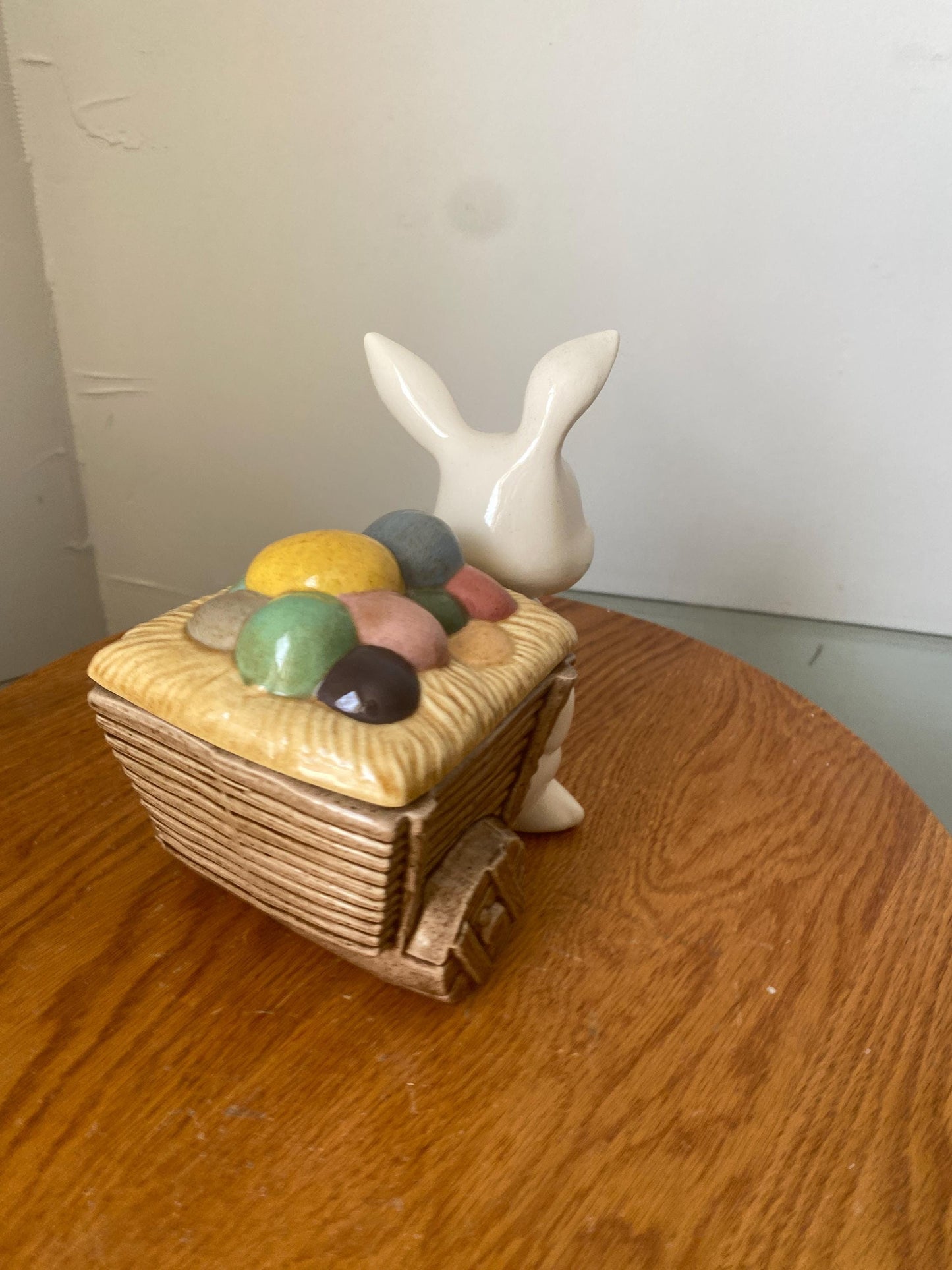Vintage Ceramic White Bunny Pulling a Lidded Wagon