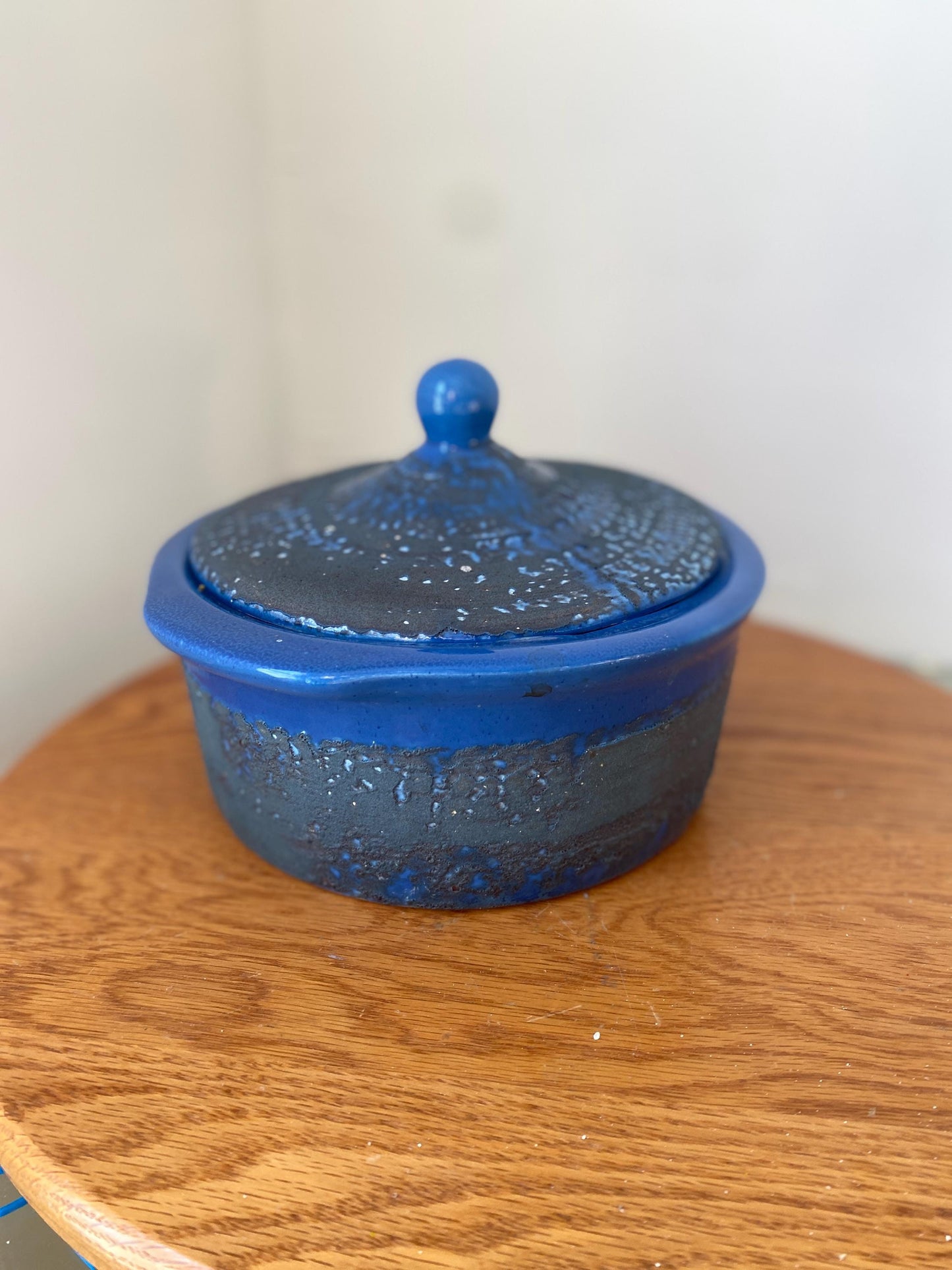 MCM Blue Lidded Pottery Dish with Black Lava Glaze