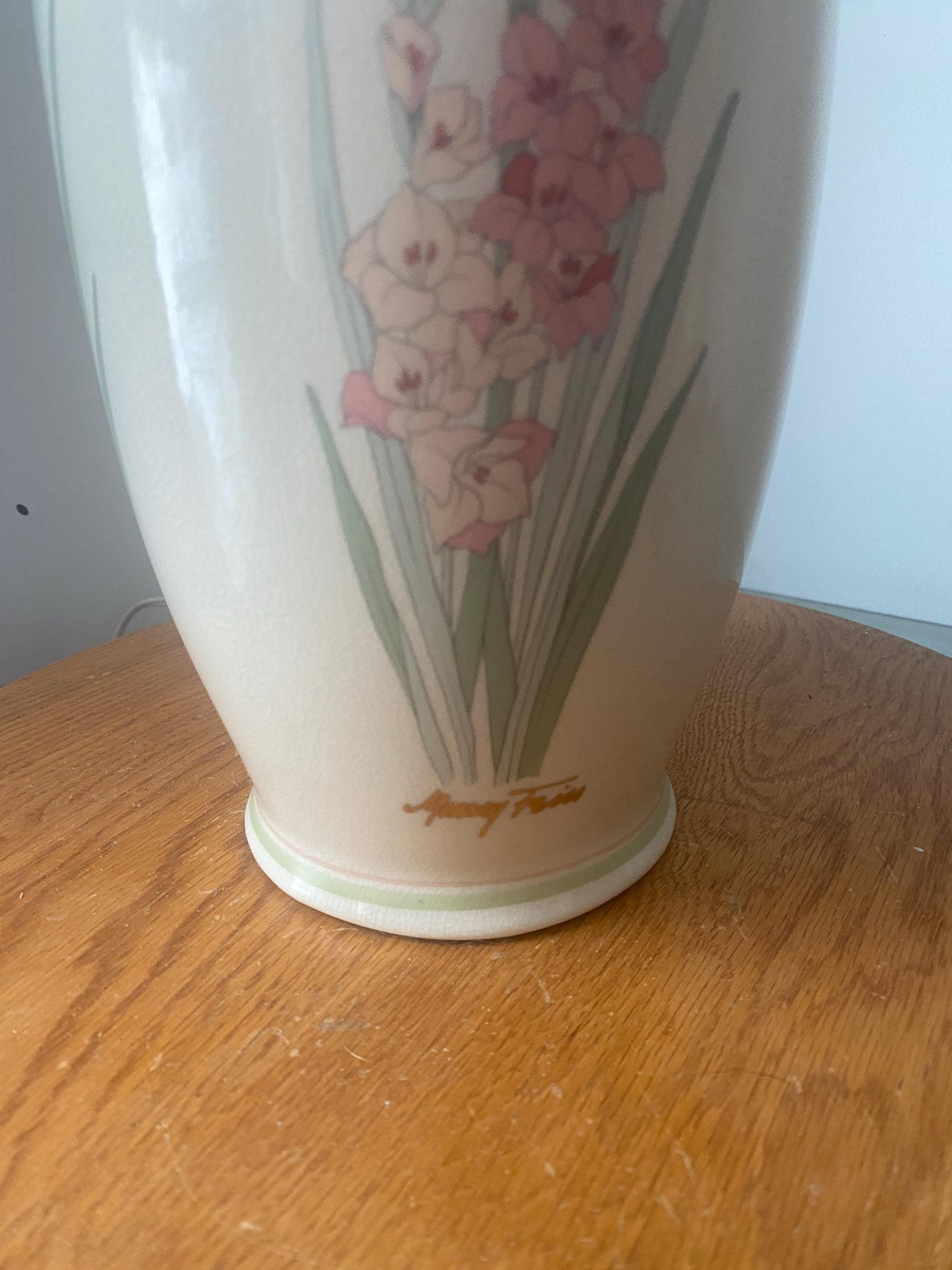 Retro Tall Pastel Pink Gladiola Ceramic Lamp No Shade