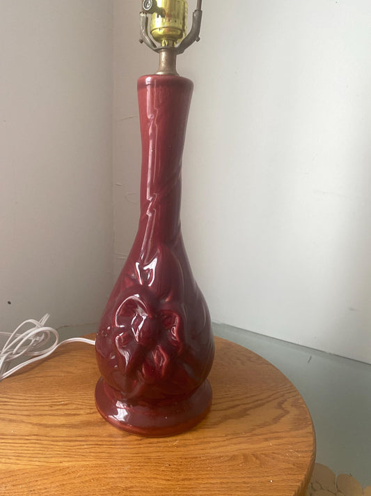Antique Medium Ceramic Maroon Lamp with Raised Floral Design No Shade