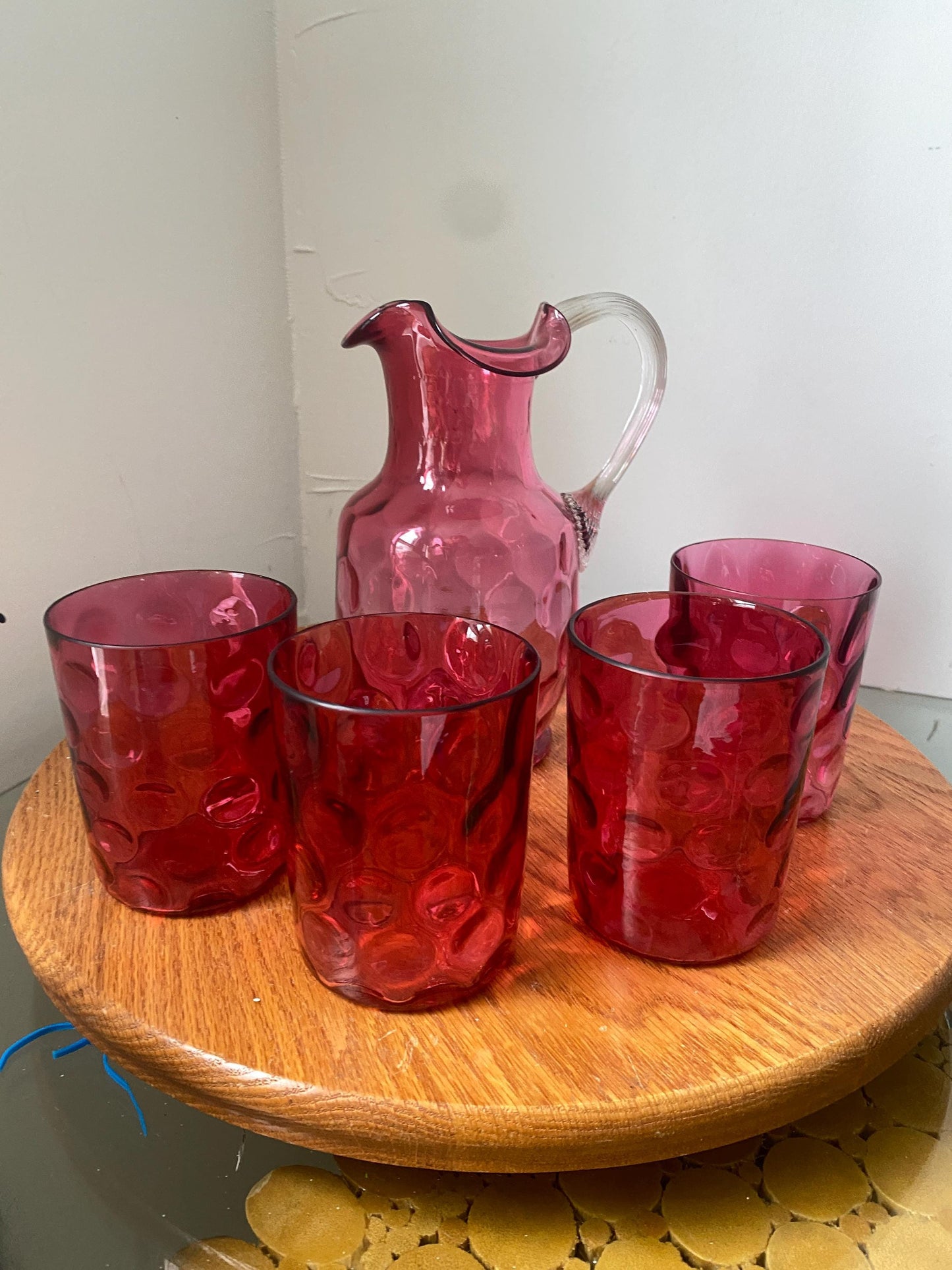 Vintage Set of Cranberry Coinspot Hand Blown Pitcher and 4 Short Glasses