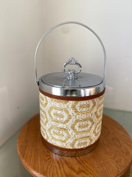 MCM Cream and White Woven Raffia Insulated Ice Bucket with Silver Metal Detail
