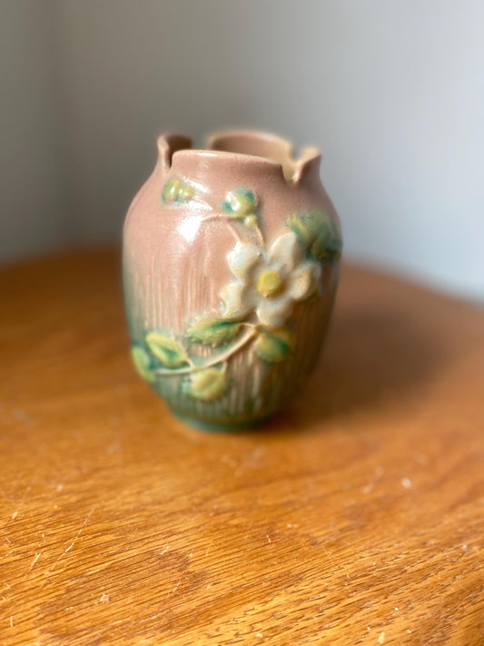 Antique Roseville Pink White Rose Miniature Pottery Jardiniere Made In USA 978-4