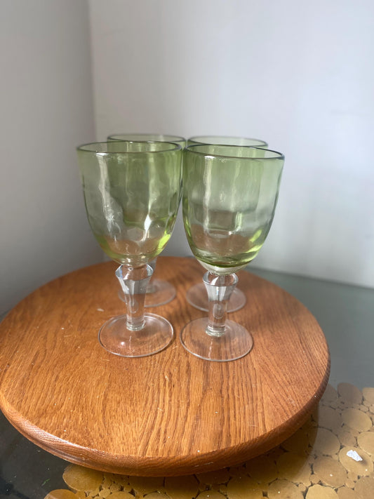 Set of 4 Vintage Heavy Light Green Bubble Glass Footed Wine Glasses