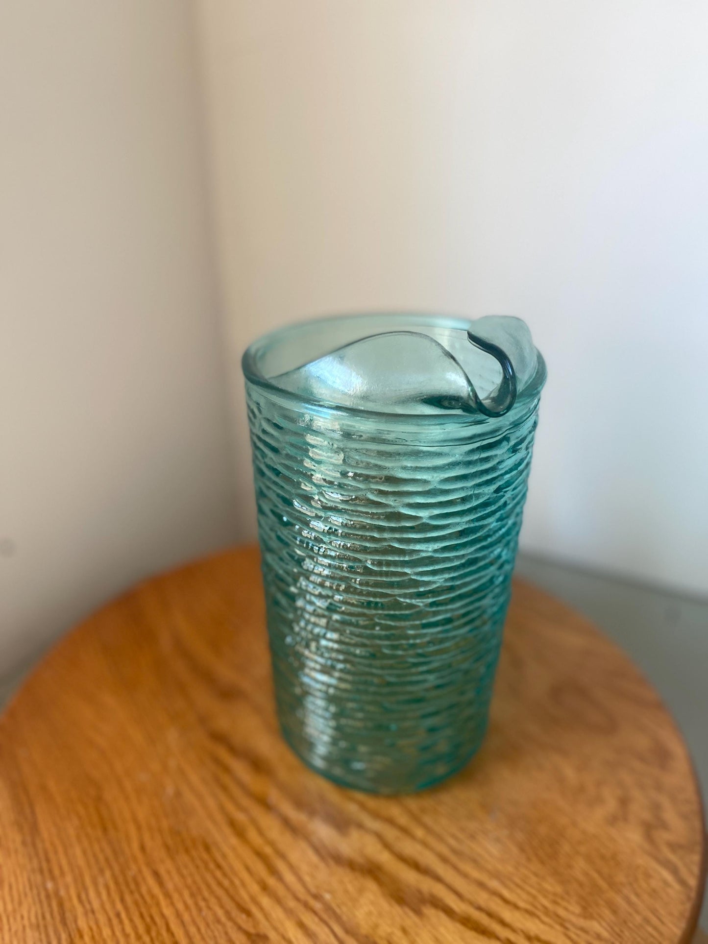 Large Vintage Textured Aqua Blue Glass Pitcher=