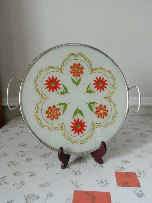 Retro Round Red Flower Glass and Chrome Tray