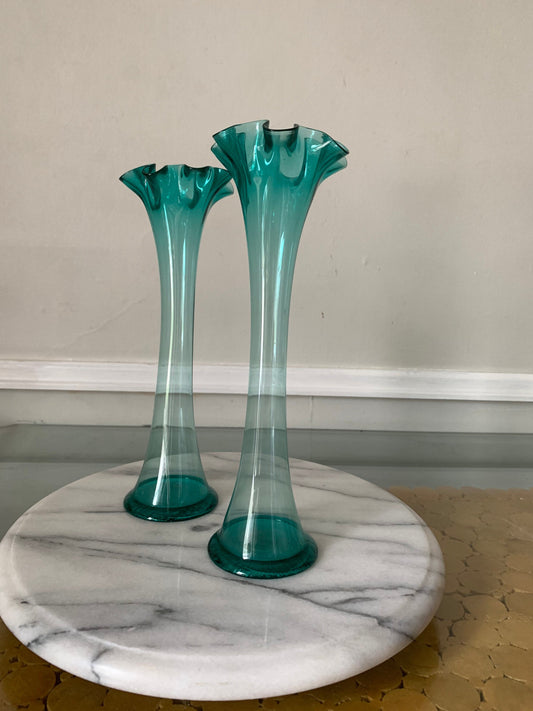 Two Vintage Medium Clear Blue Glass Vases with Scalloped Edge