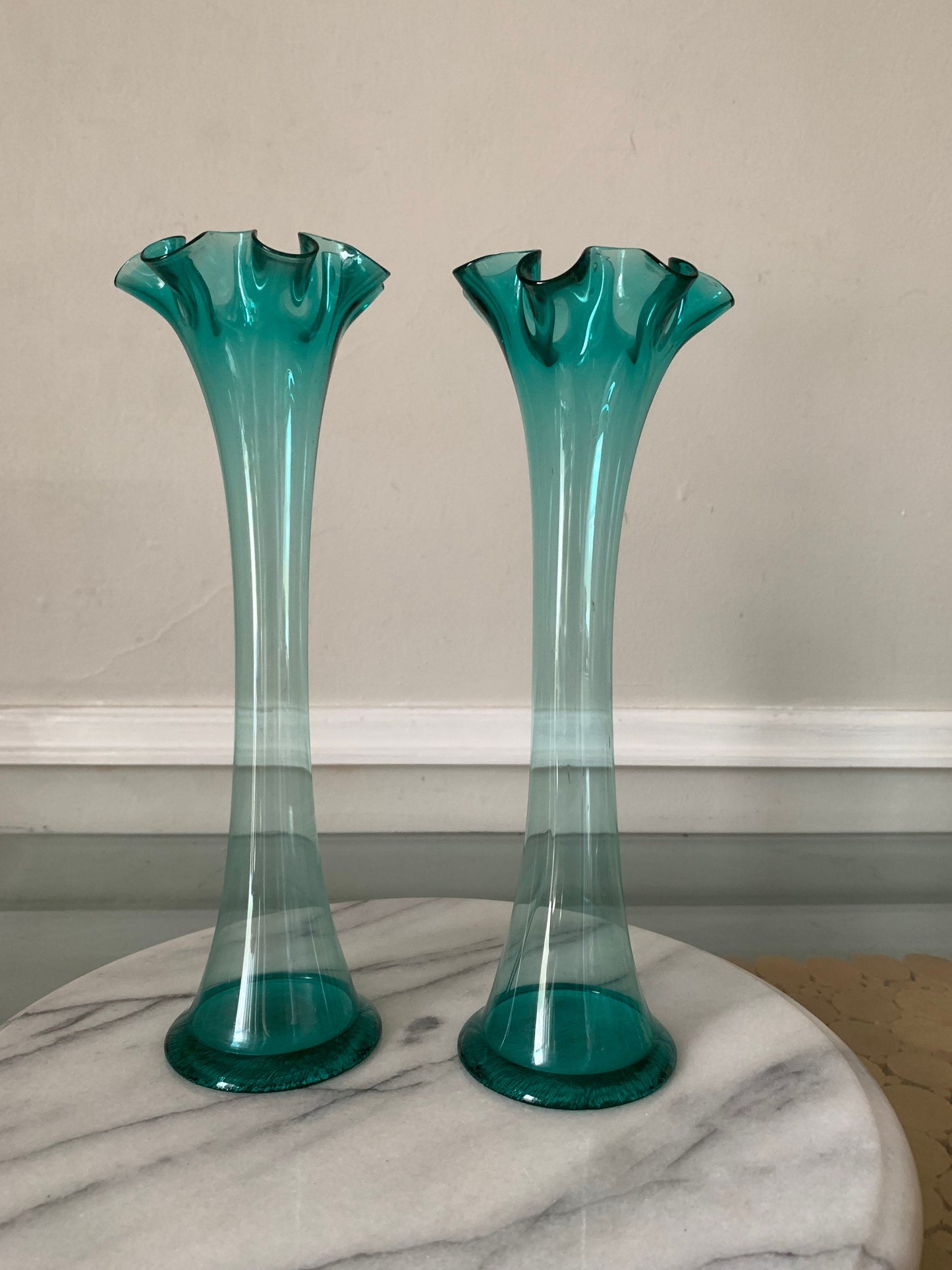 Two Vintage Medium Clear Blue Glass Vases with Scalloped Edge
