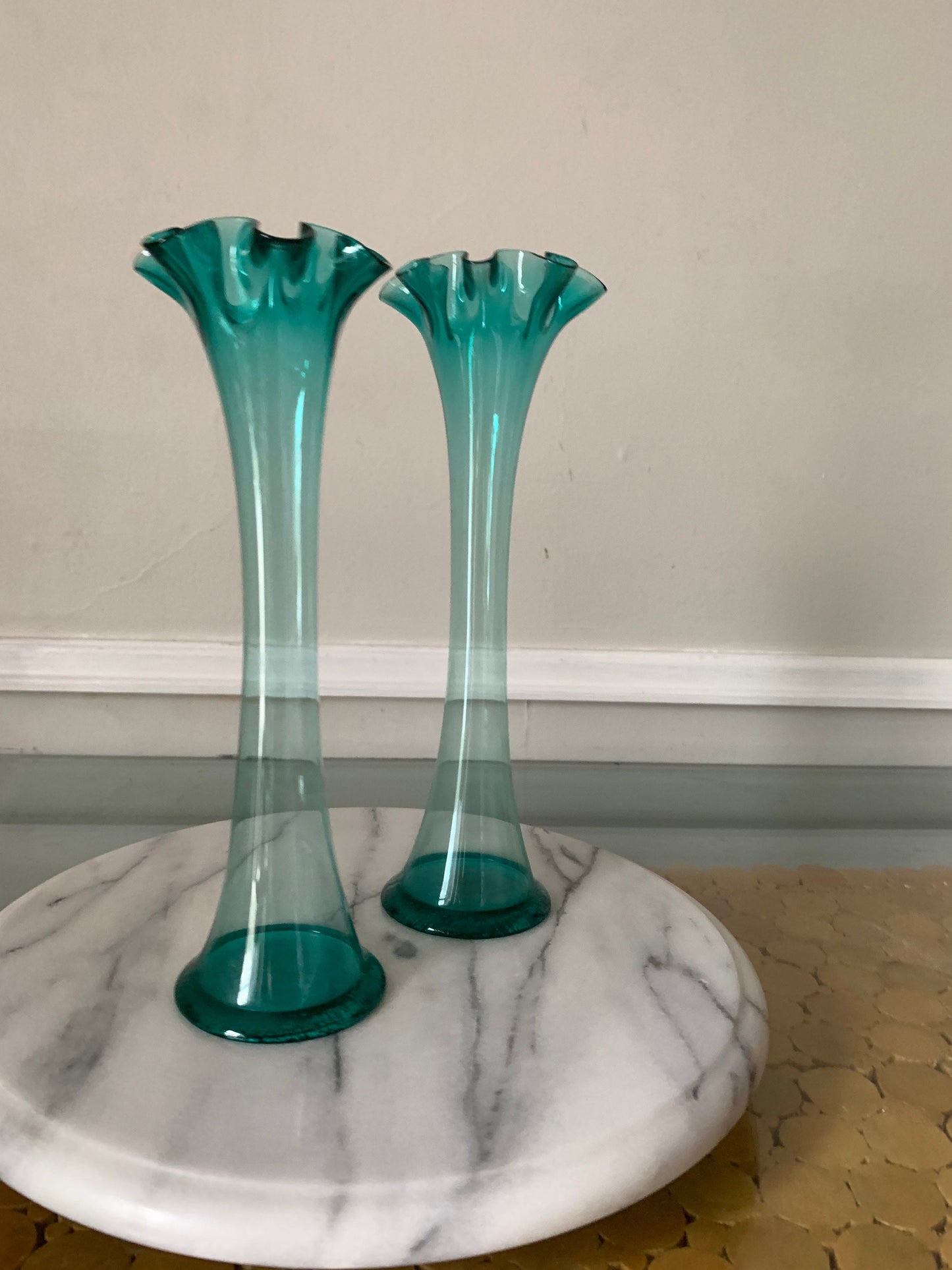Two Vintage Medium Clear Blue Glass Vases with Scalloped Edge