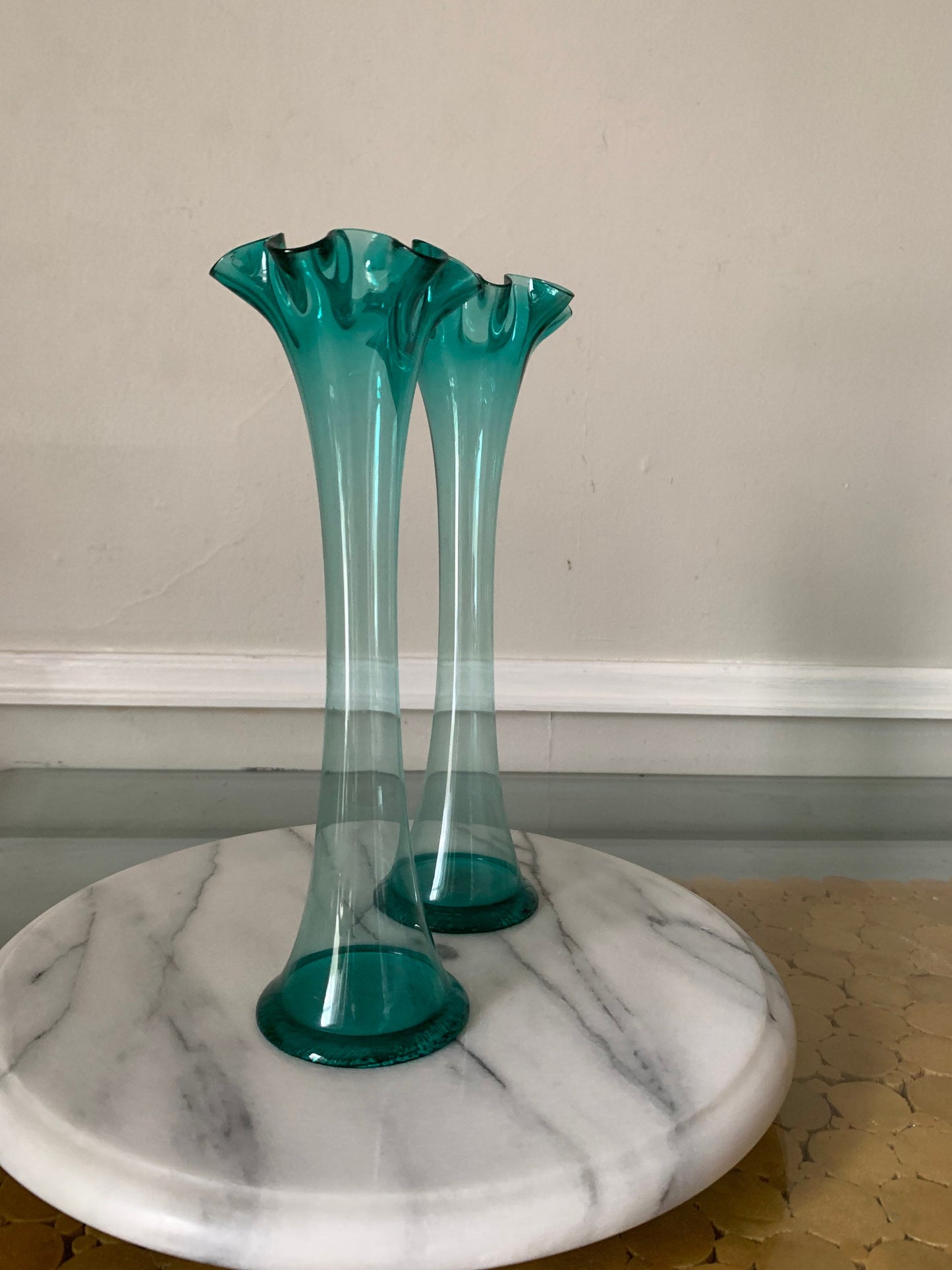 Two Vintage Medium Clear Blue Glass Vases with Scalloped Edge