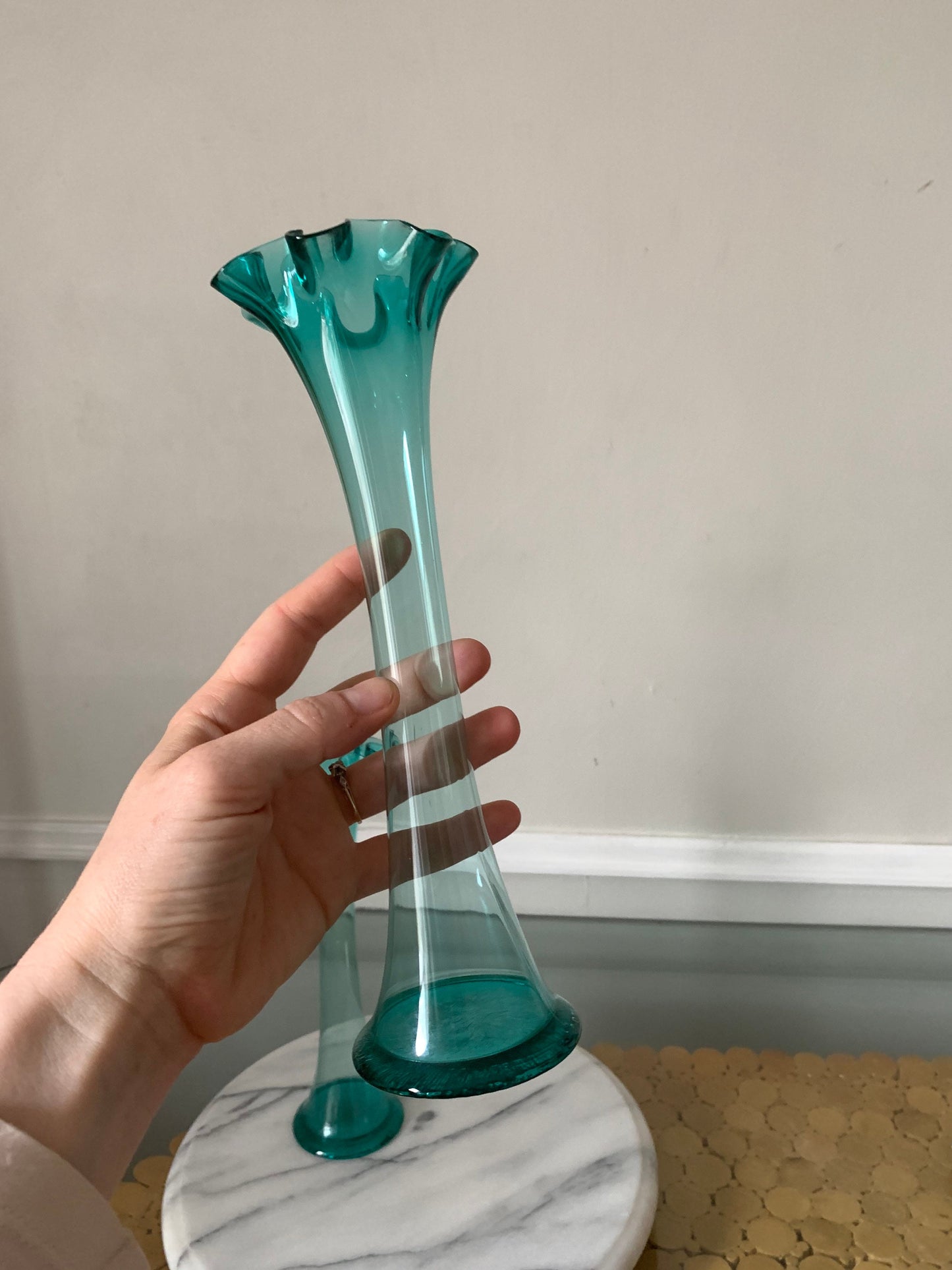 Two Vintage Medium Clear Blue Glass Vases with Scalloped Edge