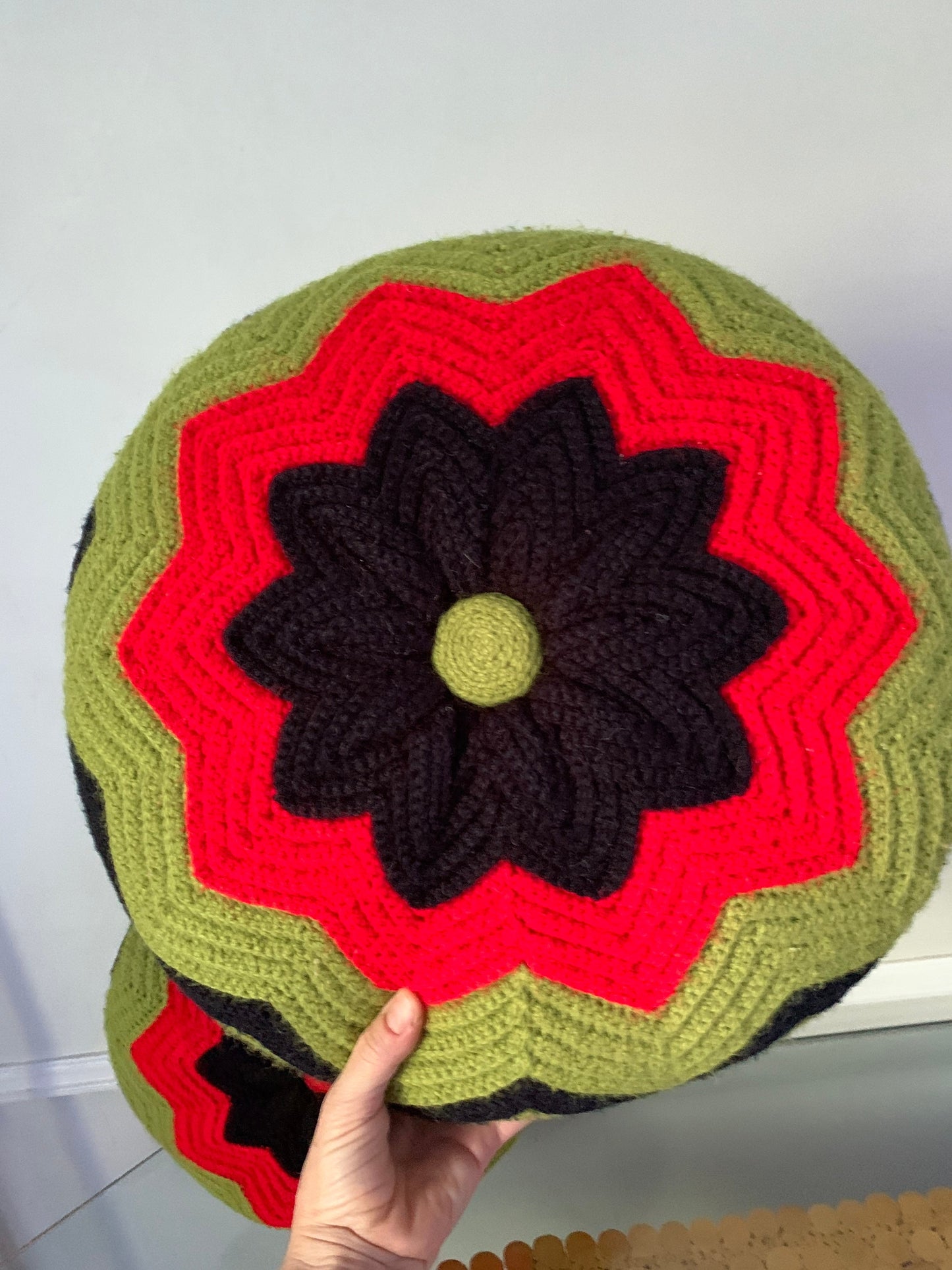 Pair of Round Retro Red Green and Black Retro Knitted Pillows