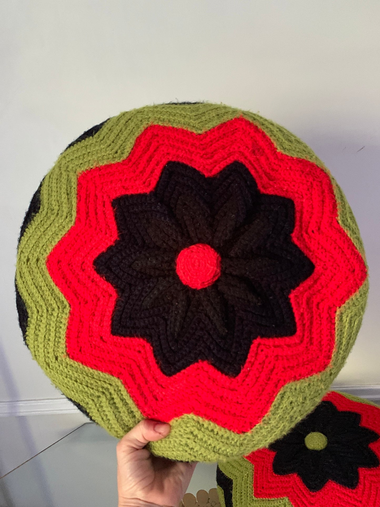 Pair of Round Retro Red Green and Black Retro Knitted Pillows