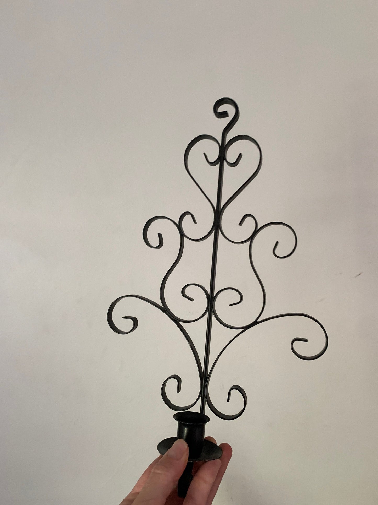 MCM Pair Vintage Dark Wrought Iron Scroll Candle Wall Sconces