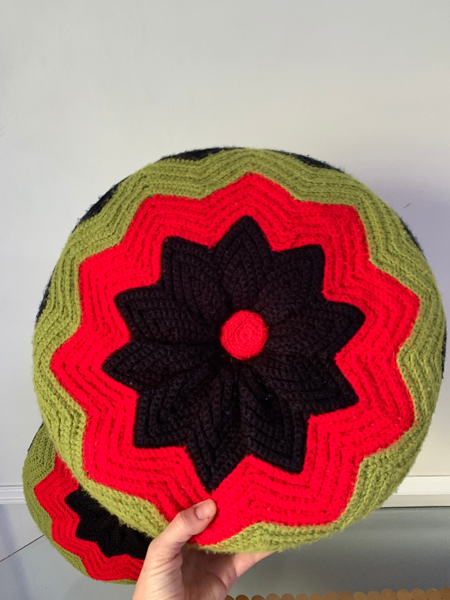 Pair of Round Retro Red Green and Black Retro Knitted Pillows